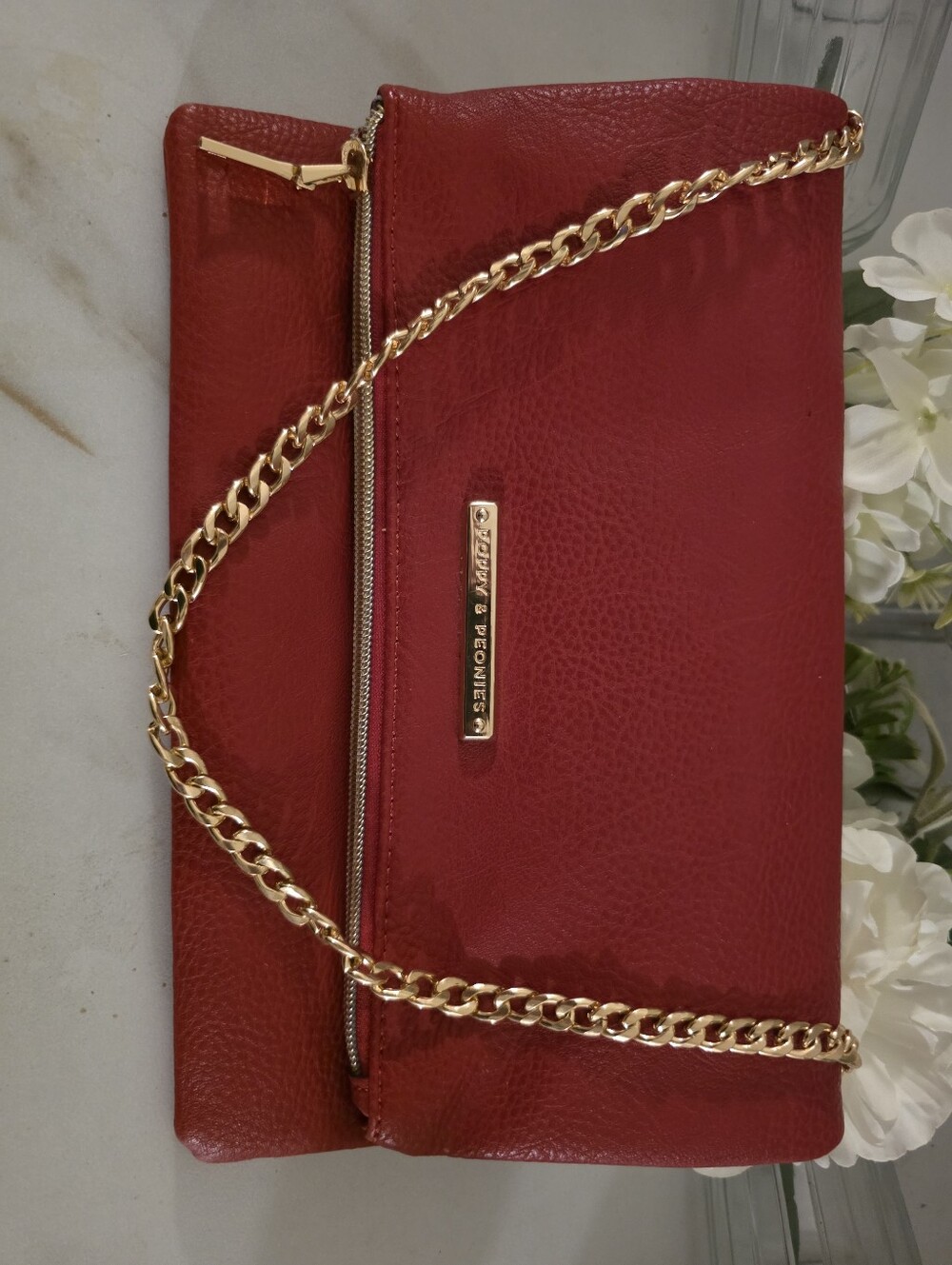 Poppy & Peonies Red Pebbled Leather Crossbody with Gold Chain